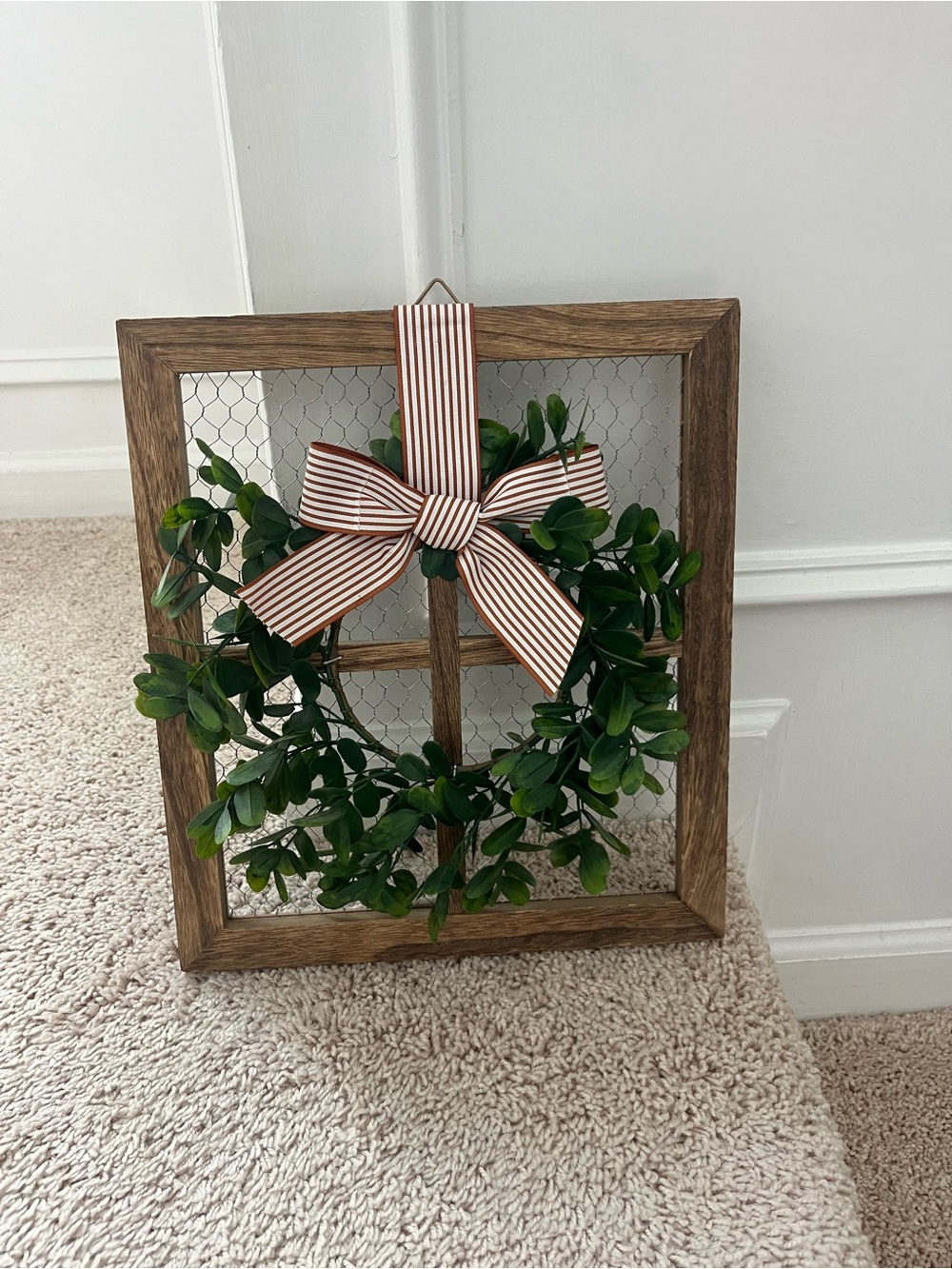 Rustic Wooden Frame Wreath Wall Decor with Striped Bow - Green